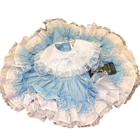Lid'l Dolly Pageant Dress Blue White Full Circle Ruffle Lace Girls Sz 16-19 lbs - Picture 6 of 8